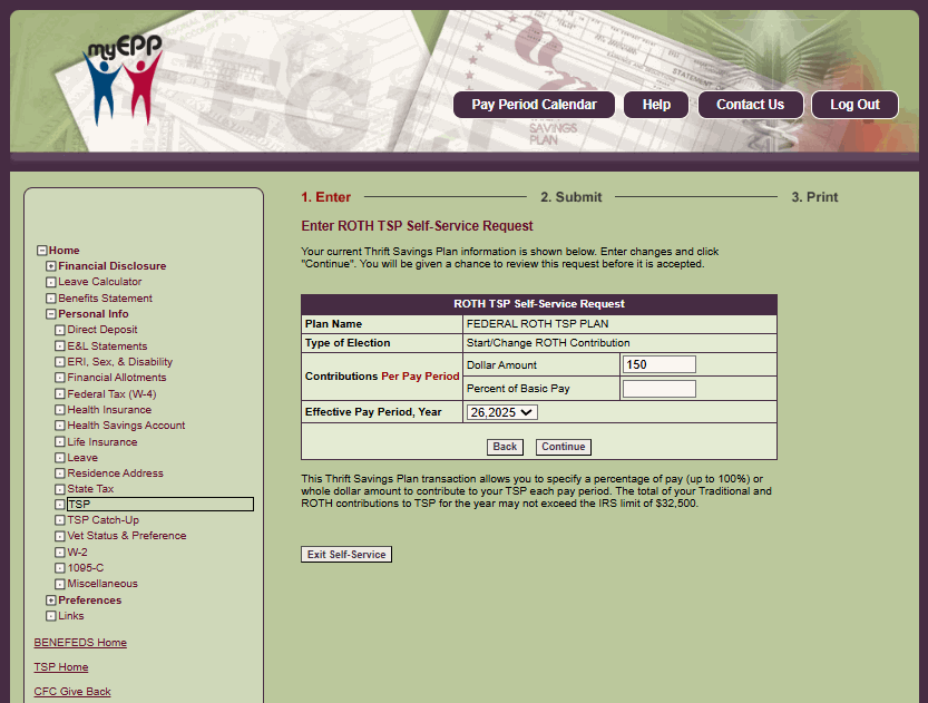 Enter ROTH TSP Self-Service Request page